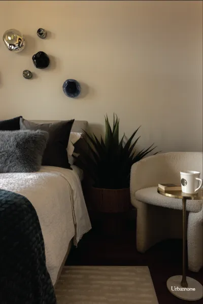 Cozy Bedroom Corner with Modern Boucle Chair
