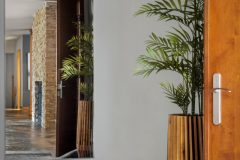 Entryway featuring a large arched mirror and a tall wooden planter holding lush greenery.