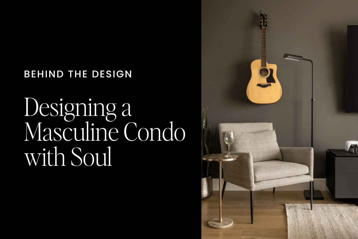 Urbanhome blog cover featuring a modern masculine reading nook with a grey accent chair, wall-mounted guitar, and styled side table, alongside the title text ‘Designing a Masculine Condo with Soul’