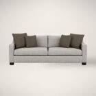 Modern neutral-tone sofa with structured arms and multiple throw pillows, shown in both studio and styled living room settings.