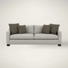 Modern neutral-tone sofa with structured arms and multiple throw pillows, shown in both studio and styled living room settings.