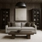Modern neutral-tone sofa with structured arms and multiple throw pillows, shown in both studio and styled living room settings.