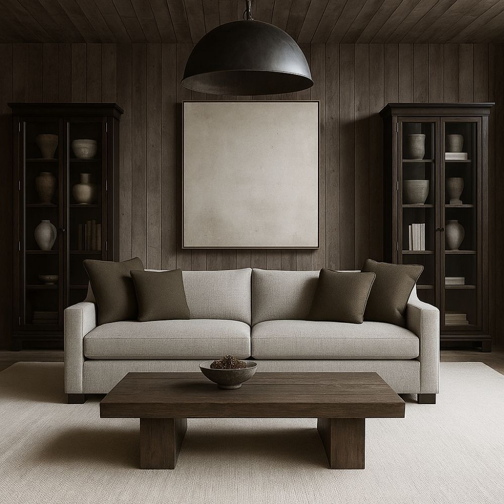 Modern neutral-tone sofa with structured arms and multiple throw pillows, shown in both studio and styled living room settings.