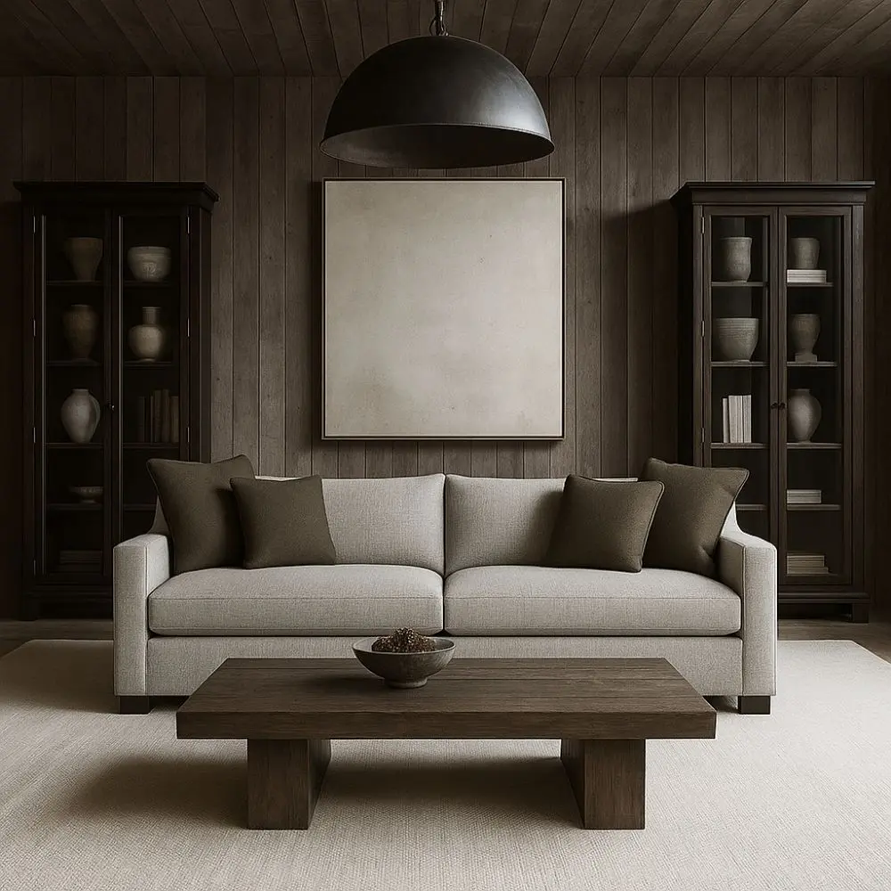 Modern neutral-tone sofa with structured arms and multiple throw pillows, shown in both studio and styled living room settings.