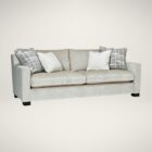 Modern neutral-tone sofa with structured arms and multiple throw pillows, shown in both studio and styled living room settings.