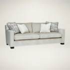 Modern neutral-tone sofa with structured arms and multiple throw pillows, shown in both studio and styled living room settings.