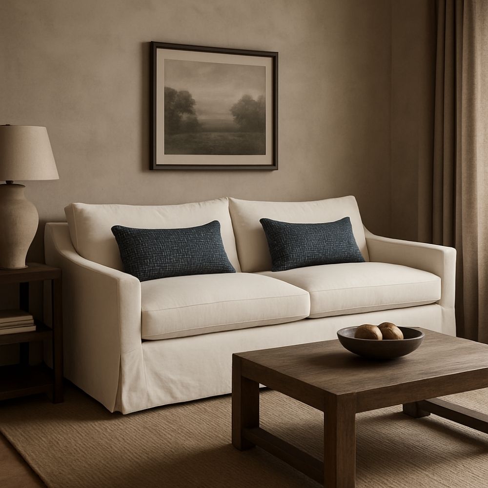 Cream slipcovered sofa with relaxed lines, two blue lumbar pillows, and tailored arms, shown in a styled neutral-toned living room and product view.