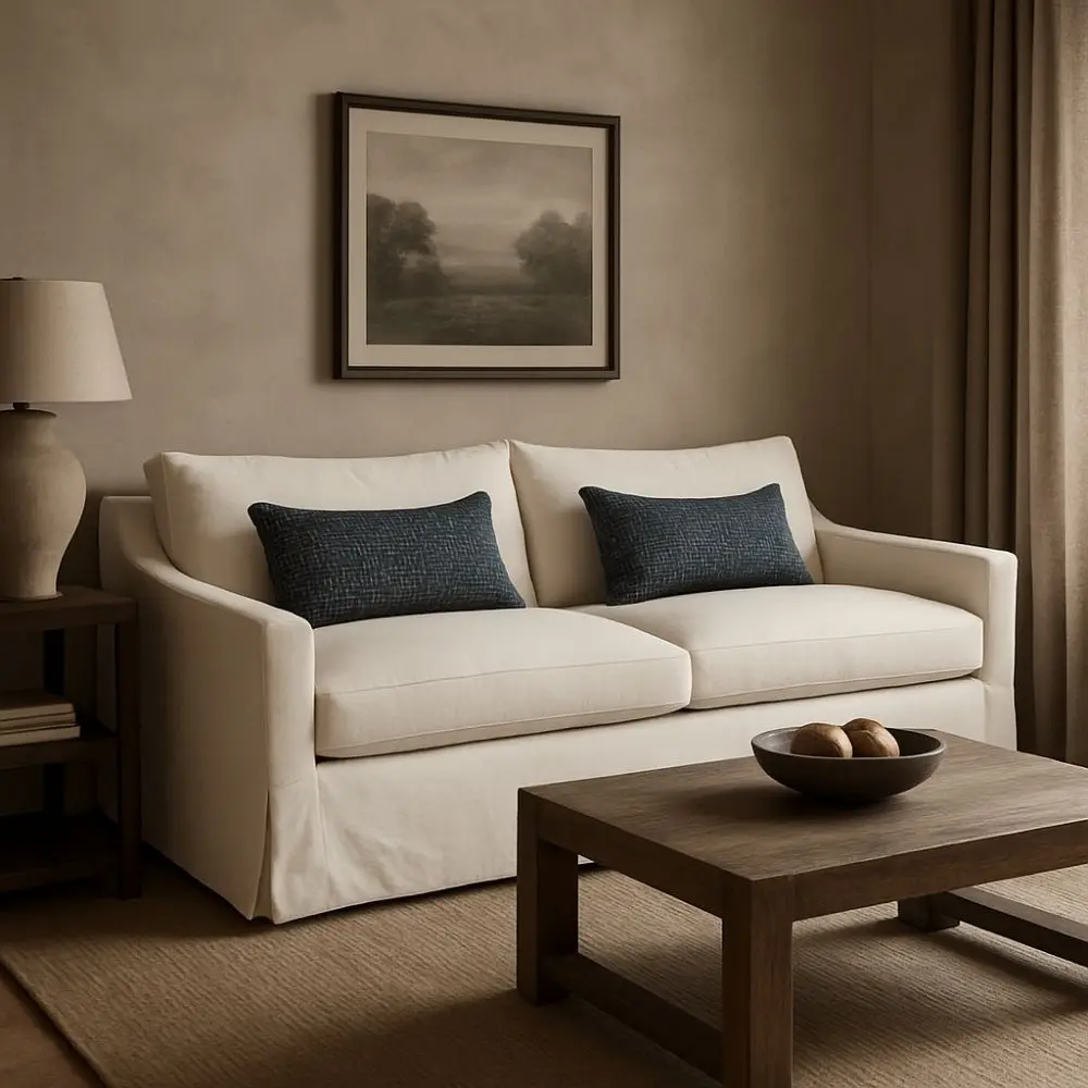 Cream slipcovered sofa with relaxed lines, two blue lumbar pillows, and tailored arms, shown in a styled neutral-toned living room and product view.