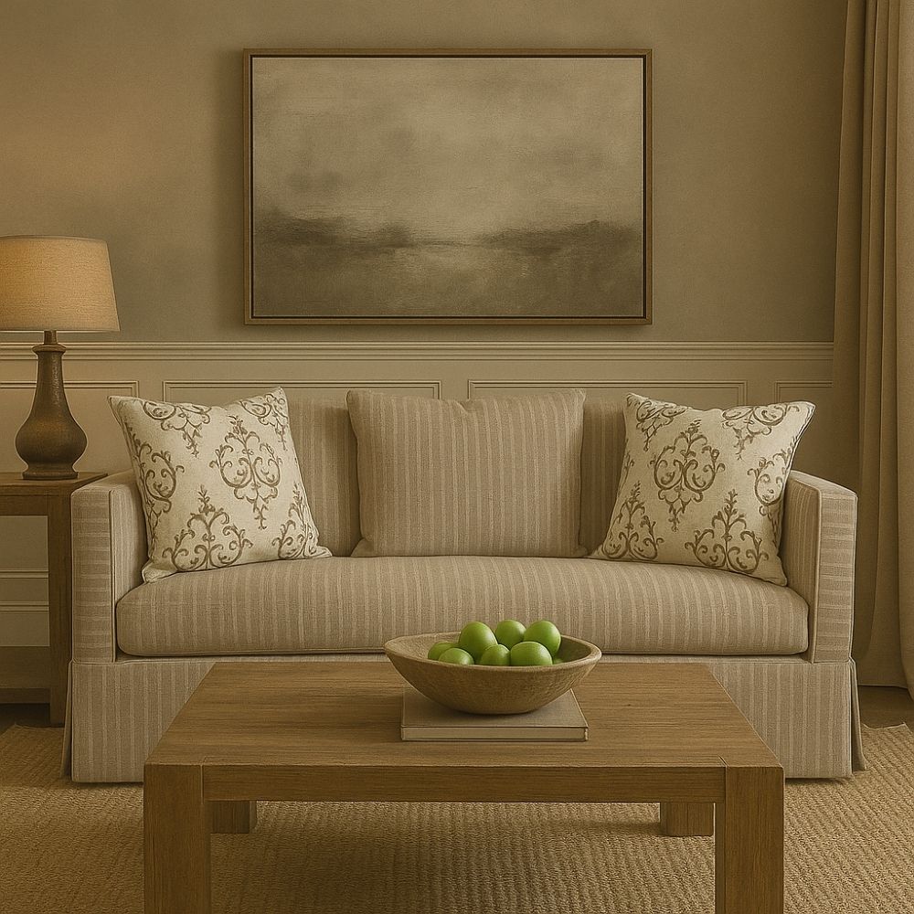 Neutral slipcovered sofa with tailored arms and damask accent pillows, featured in a traditional styled living room and studio background.