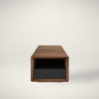 Rectangular walnut coffee table with a recessed black base drawer, open shelving, and clean modern lines, shown in studio and styled living room settings.