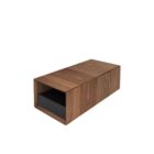 Rectangular walnut coffee table with a recessed black base drawer, open shelving, and clean modern lines, shown in studio and styled living room settings.