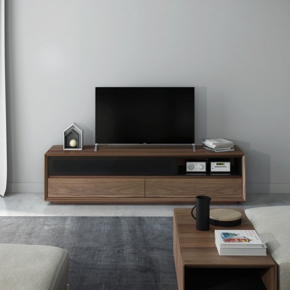 Rectangular walnut coffee table with a recessed black base drawer, open shelving, and clean modern lines, shown in studio and styled living room settings.