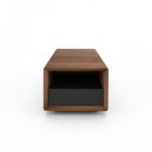 Rectangular walnut coffee table with a recessed black base drawer, open shelving, and clean modern lines, shown in studio and styled living room settings.
