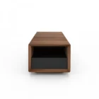 Rectangular walnut coffee table with a recessed black base drawer, open shelving, and clean modern lines, shown in studio and styled living room settings.