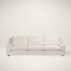 Contemporary low-profile sofa in soft white fabric with boxy arms and plush cushions, shown in product and styled living room views.