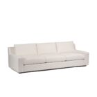 Contemporary low-profile sofa in soft white fabric with boxy arms and plush cushions, shown in product and styled living room views.