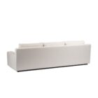 Contemporary low-profile sofa in soft white fabric with boxy arms and plush cushions, shown in product and styled living room views.