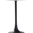 Round accent table with a sculptural black pedestal base and a smooth white marble top, shown in product detail, lifestyle, and material close-ups.