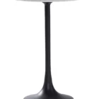 Round accent table with a sculptural black pedestal base and a smooth white marble top, shown in product detail, lifestyle, and material close-ups.