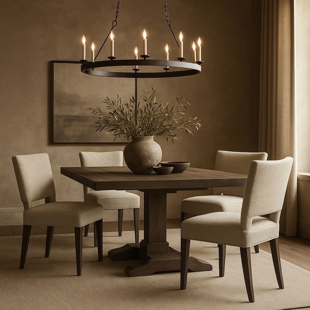 The Aniston Dining Chair featuring a sculpted mid-back silhouette, textured neutral upholstery, and tapered wood legs for a refined yet relaxed look.