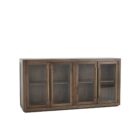 A dark wood sideboard with four framed glass doors, gold vertical handles, and interior shelving, shown with one door open and one closed.