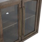 A dark wood sideboard with four framed glass doors, gold vertical handles, and interior shelving, shown with one door open and one closed.