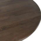 60-inch round pedestal dining table in dark-stained solid wood with a sculptural, turned base and smooth beveled edge.