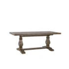 Rustic rectangular dining table with a thick wooden top and two carved pedestal legs connected by a stretcher base.