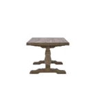 Rustic rectangular dining table with a thick wooden top and two carved pedestal legs connected by a stretcher base.