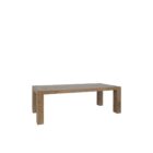 A rustic modern rectangular dining table made of natural wood with thick, block-style legs and a clean-lined silhouette.