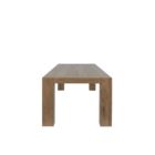 A rustic modern rectangular dining table made of natural wood with thick, block-style legs and a clean-lined silhouette.