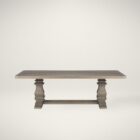 Rectangular solid wood dining table with a natural finish and dual pedestal base.