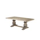 Rectangular solid wood dining table with a natural finish and dual pedestal base.