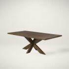 Modern rectangular dining table with a warm wood finish and an angular starburst pedestal base.