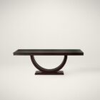Metro Dining Table featuring a deep espresso finish and a sculptural U-shaped double pedestal base with a rectangular tabletop.