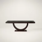 Metro Dining Table featuring a deep espresso finish and a sculptural U-shaped double pedestal base with a rectangular tabletop.