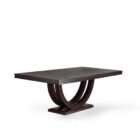 Metro Dining Table featuring a deep espresso finish and a sculptural U-shaped double pedestal base with a rectangular tabletop.