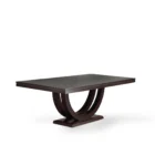 Metro Dining Table featuring a deep espresso finish and a sculptural U-shaped double pedestal base with a rectangular tabletop.