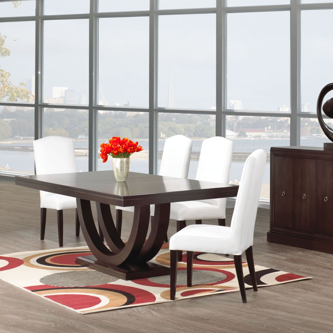 Metro Dining Table featuring a deep espresso finish and a sculptural U-shaped double pedestal base with a rectangular tabletop.