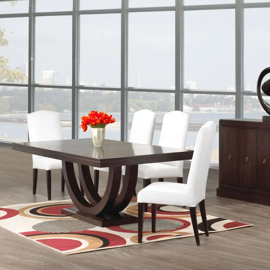 Metro Dining Table featuring a deep espresso finish and a sculptural U-shaped double pedestal base with a rectangular tabletop.