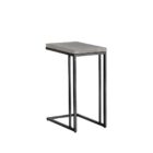 Modern white C-shaped end table with a thin metal base in a bronze finish and a sleek white top.