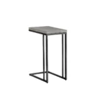 Modern white C-shaped end table with a thin metal base in a bronze finish and a sleek white top.