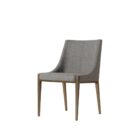 A contemporary dining chair with a curved high backrest and sleek, tailored lines in textured grey upholstery over a taupe wood frame.