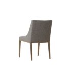 A contemporary dining chair with a curved high backrest and sleek, tailored lines in textured grey upholstery over a taupe wood frame.