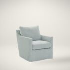 Soft blue upholstered swivel glider chair with tailored arms and plush back cushion.