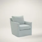 Soft blue upholstered swivel glider chair with tailored arms and plush back cushion.