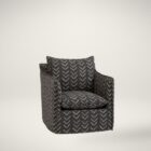 Modern black swivel glider chair with bold chevron upholstery pattern and plush cushion.
