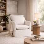 Four Seasons Mona swivel glider chair in soft off-white textured fabric with plush cushion and modern curved arms