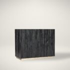 Small black accent chest with vertical wood texture and charred Shou Sugi Ban finish, resting on a subtle metallic plinth.