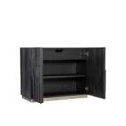 Small black accent chest with vertical wood texture and charred Shou Sugi Ban finish, resting on a subtle metallic plinth.